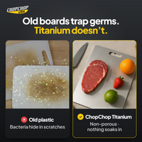 ChopChop titanium cutting board and knife set compared with ordinary alternatives: Old boards trap germs. Titanium doesn’t
