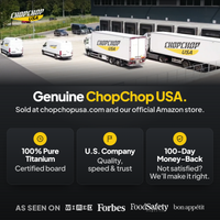 Genuine ChopChop USA titanium cutting board and knife set, sold at chopchopusa.com and our official Amazon store, with 100-day money-back guarantee