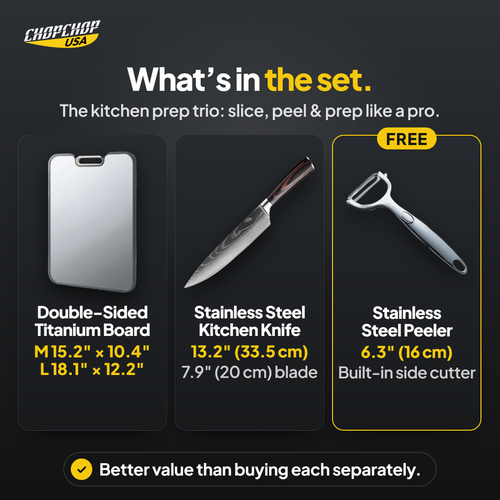 What’s in the set – ChopChop double-sided titanium cutting board and knife set contents
