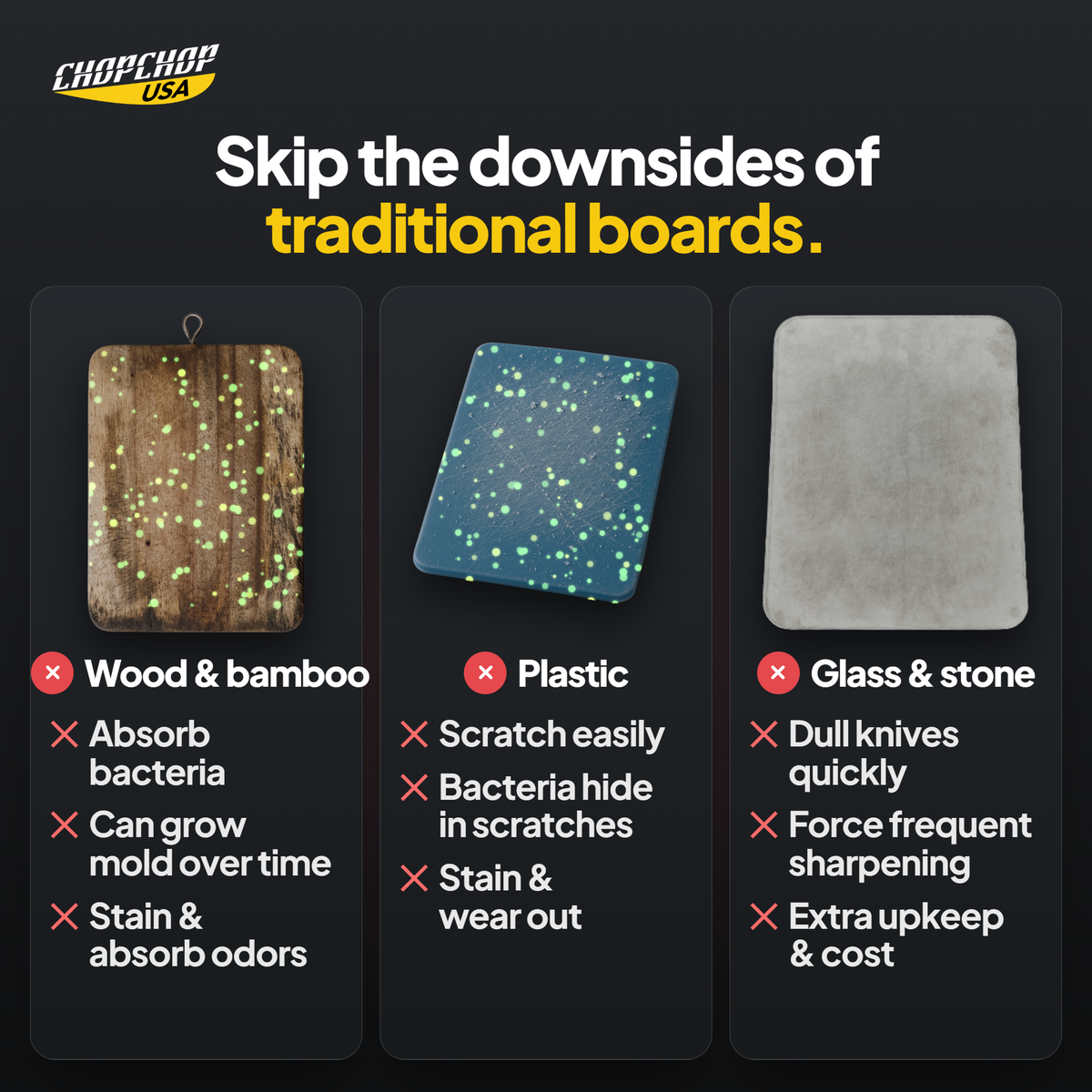 Skip the downsides of traditional boards: the everyday problem the ChopChop double-sided titanium cutting board and knife set solves