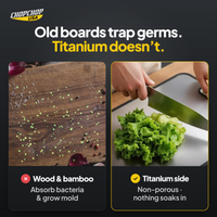 ChopChop double-sided titanium cutting board and knife set compared with ordinary alternatives: Old boards trap germs. Titanium doesn’t
