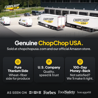 Genuine ChopChop USA double-sided titanium cutting board and knife set, sold at chopchopusa.com and our official Amazon store, with 100-day money-back guarantee