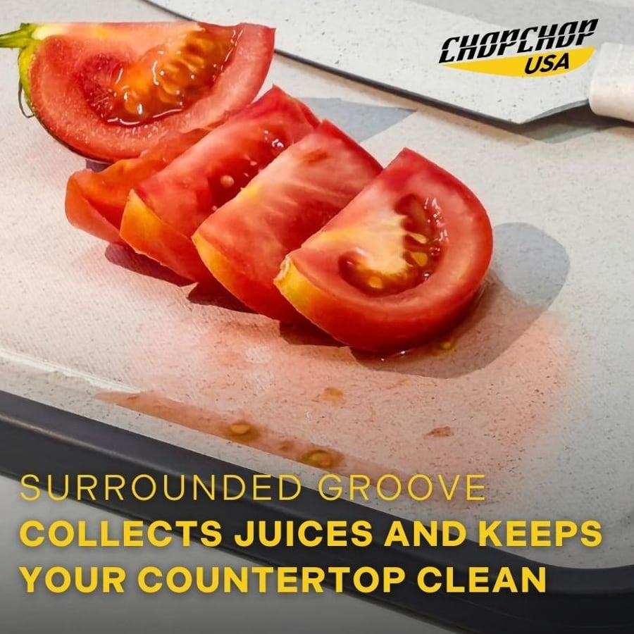 Juice groove on the titanium cutting board keeps the counter clean