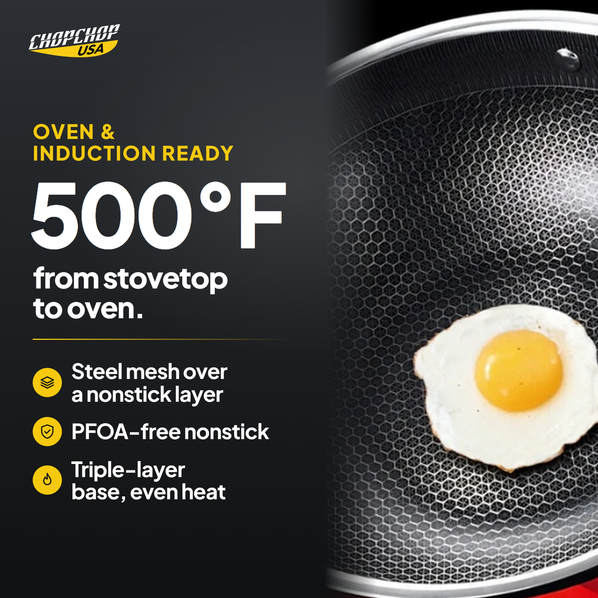 Oven and induction ready, oven-safe to 500°F – ChopChop hybrid nonstick frying pan