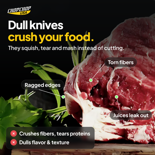 Dull knives crush your food: the everyday problem the ChopChop Japanese kiritsuke knife solves