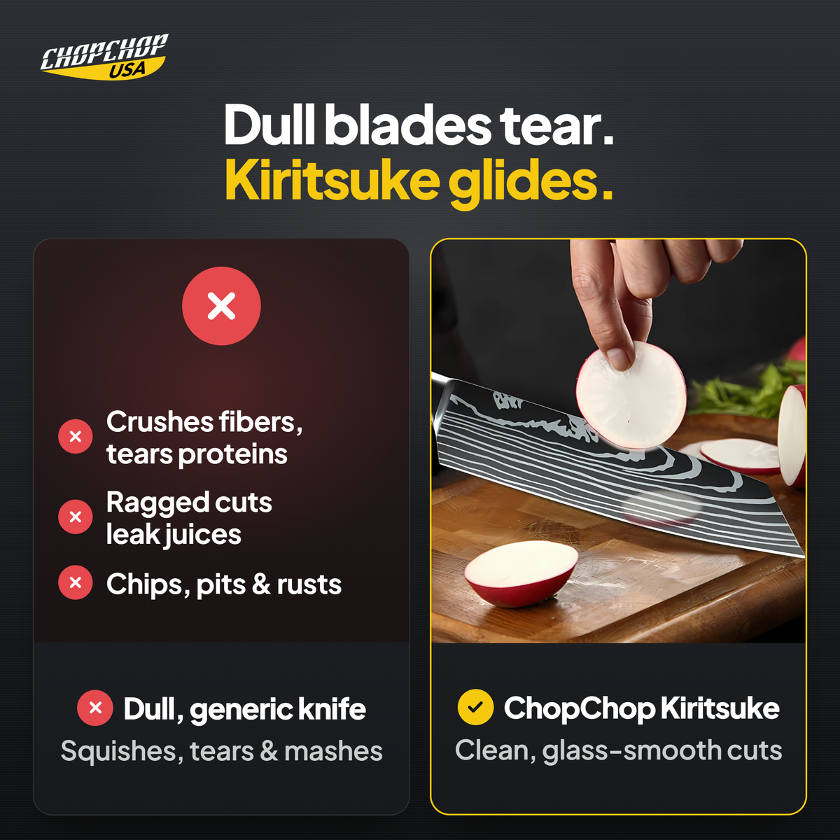 ChopChop Japanese kiritsuke knife compared with ordinary alternatives: Dull blades tear. Kiritsuke glides