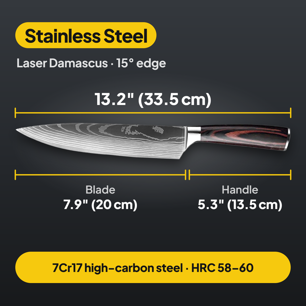 Stainless steel Damascus-pattern chef knife dimensions: 13.2 inch overall, 7.9 inch blade, 5.3 inch handle