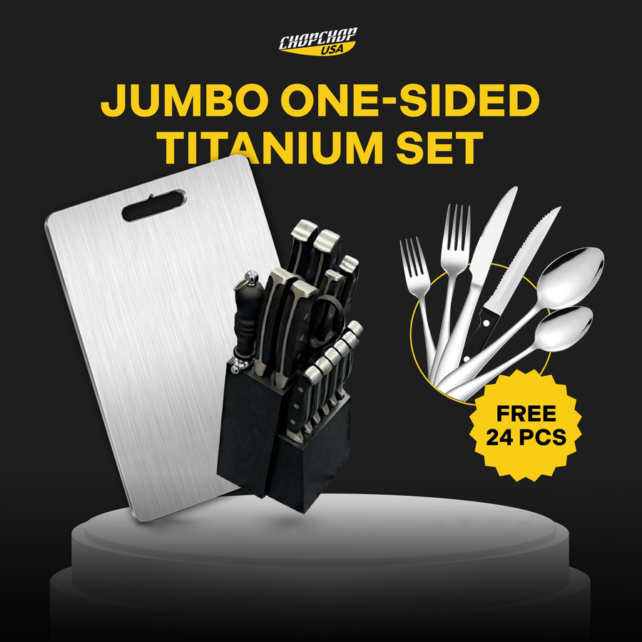 ChopChop USA jumbo one-sided titanium set: titanium cutting board, knife block set and free 24-piece silverware