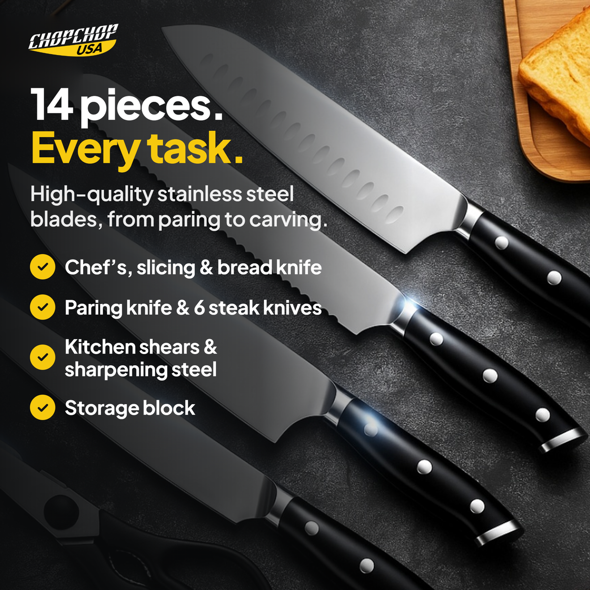 14 pieces. Every task – ChopChop titanium cutting board and knife block set