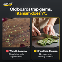 ChopChop titanium cutting board and knife block set compared with ordinary alternatives: Old boards trap germs. Titanium doesn’t