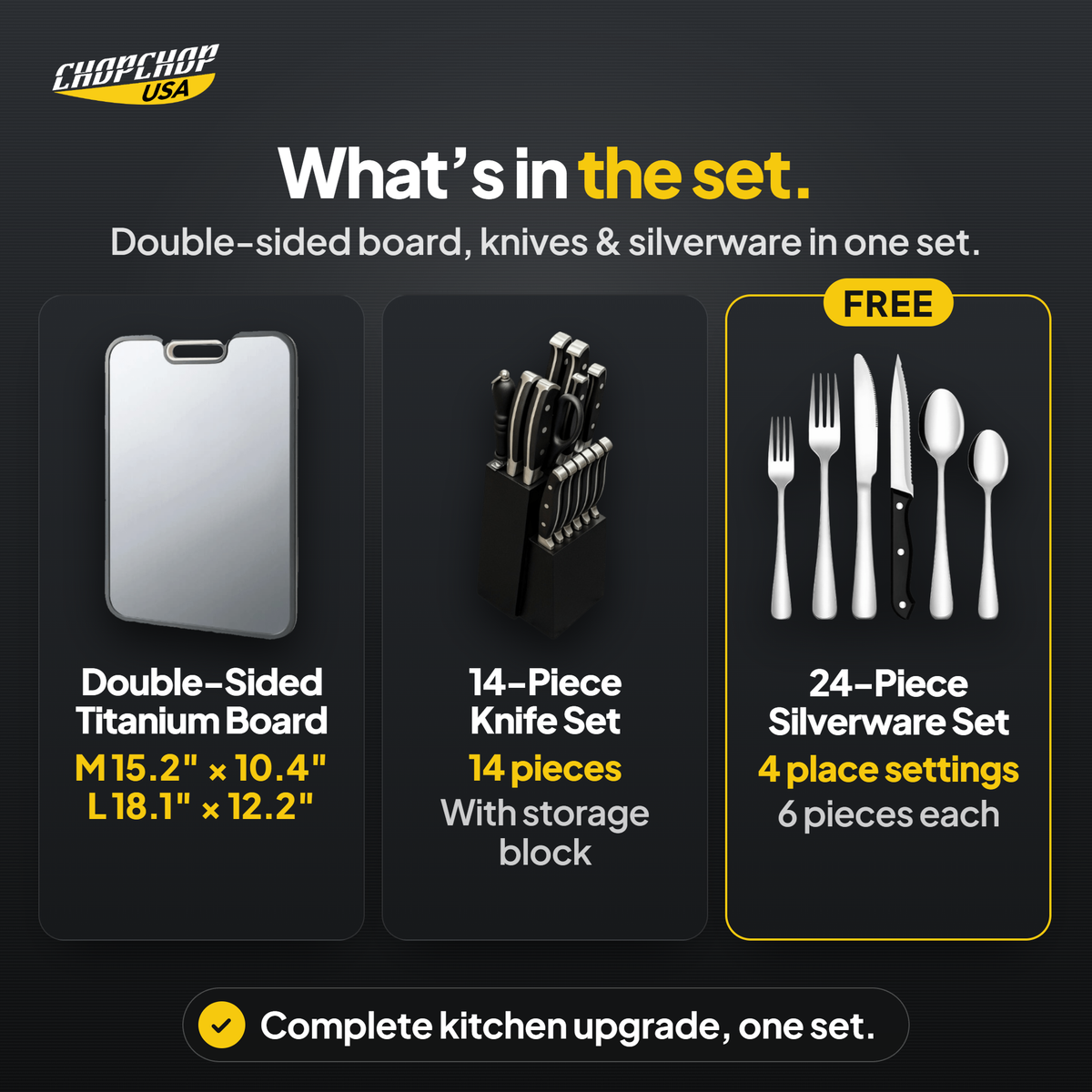 What’s in the set – ChopChop double-sided titanium cutting board and knife block set contents