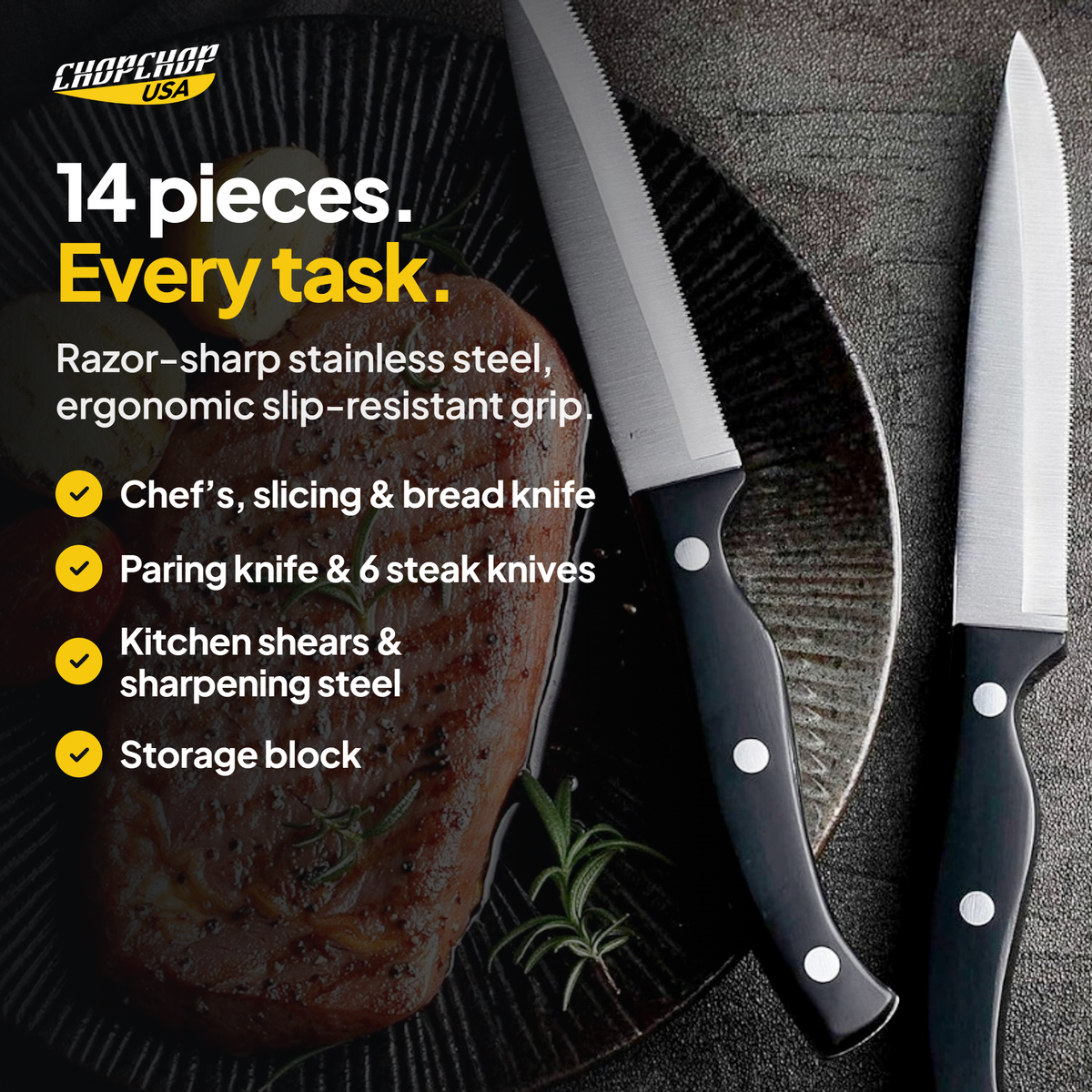 14 pieces. Every task – ChopChop double-sided titanium cutting board and knife block set
