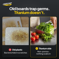 ChopChop double-sided titanium cutting board and knife block set compared with ordinary alternatives: Old boards trap germs. Titanium doesn’t