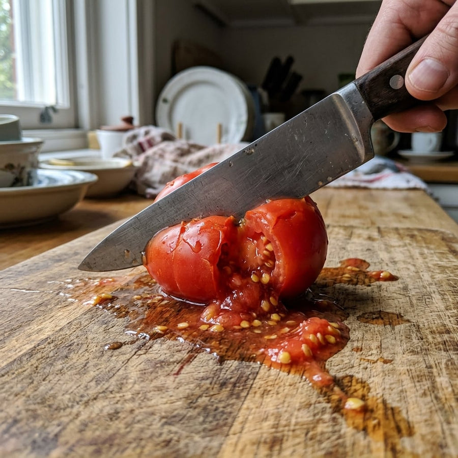 Dull knife crushing a tomato instead of slicing it cleanly