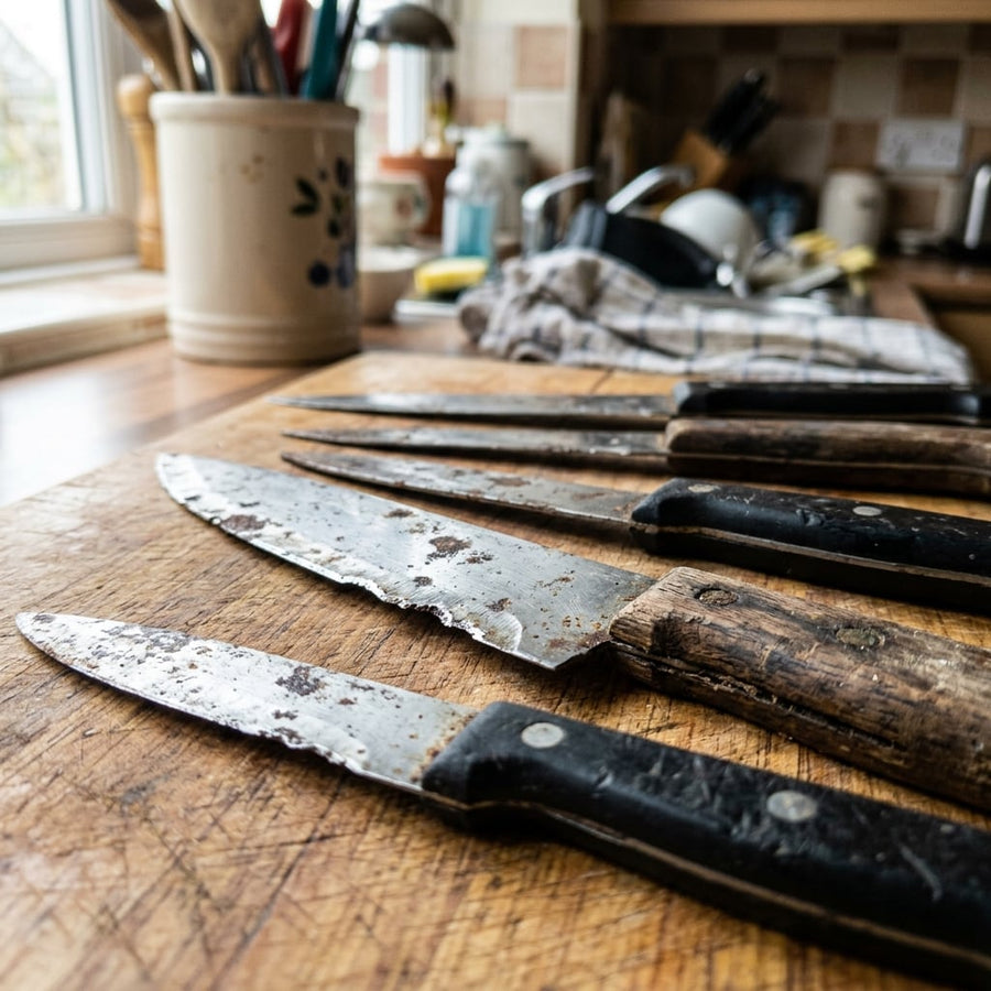 Cheap kitchen knives with dull, chipped and rust-spotted blades
