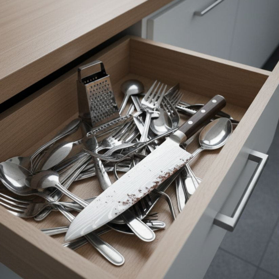 Kitchen knife tossed loose in a utensil drawer, blade knocking against forks and spoons