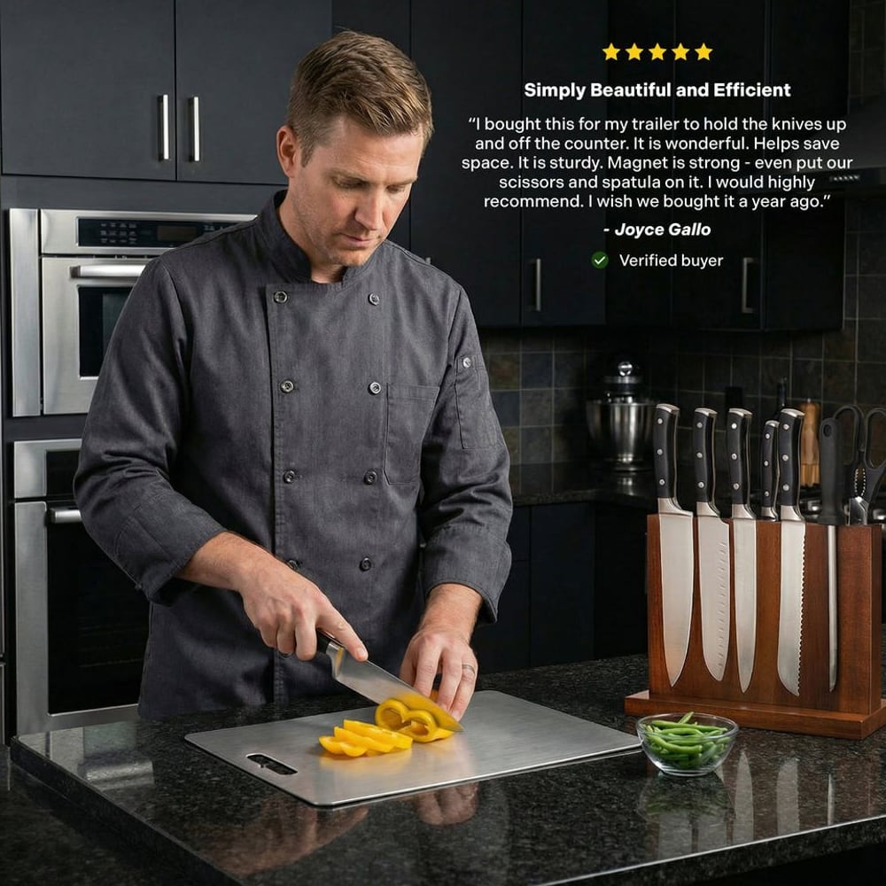 Chef slicing peppers next to a magnetic knife block full of knives