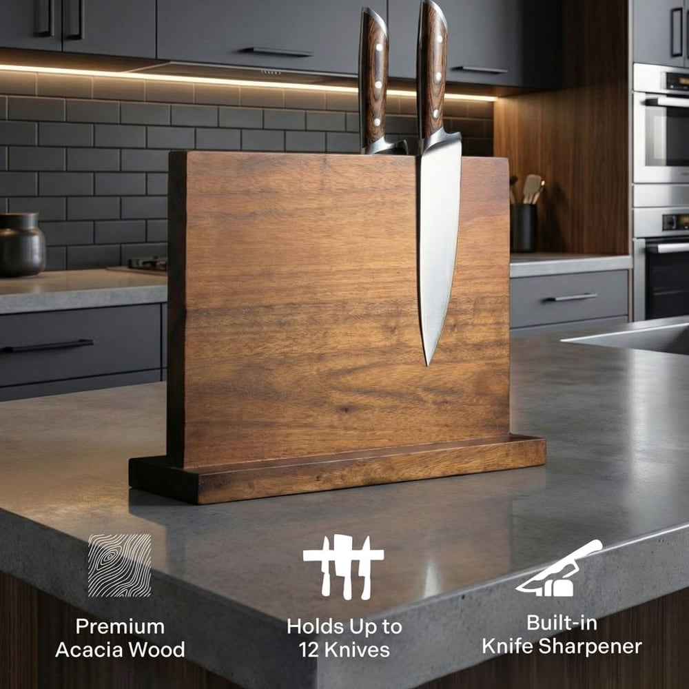 Double-sided acacia wood magnetic knife block with two knives
