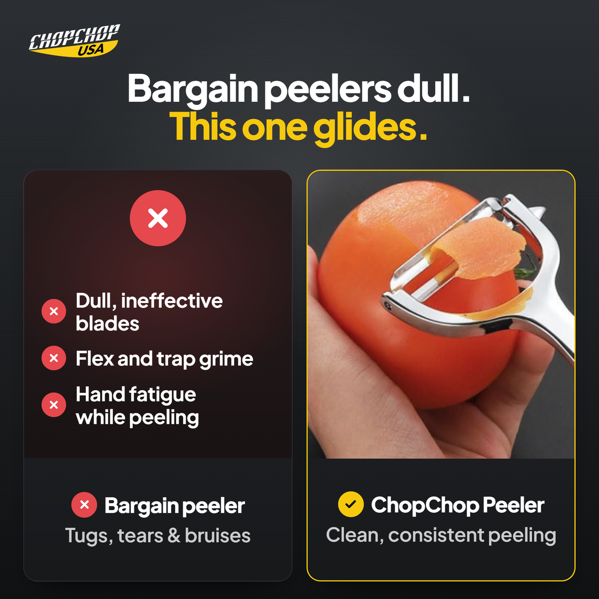 ChopChop precision peeler compared with ordinary alternatives: Bargain peelers dull. This one glides