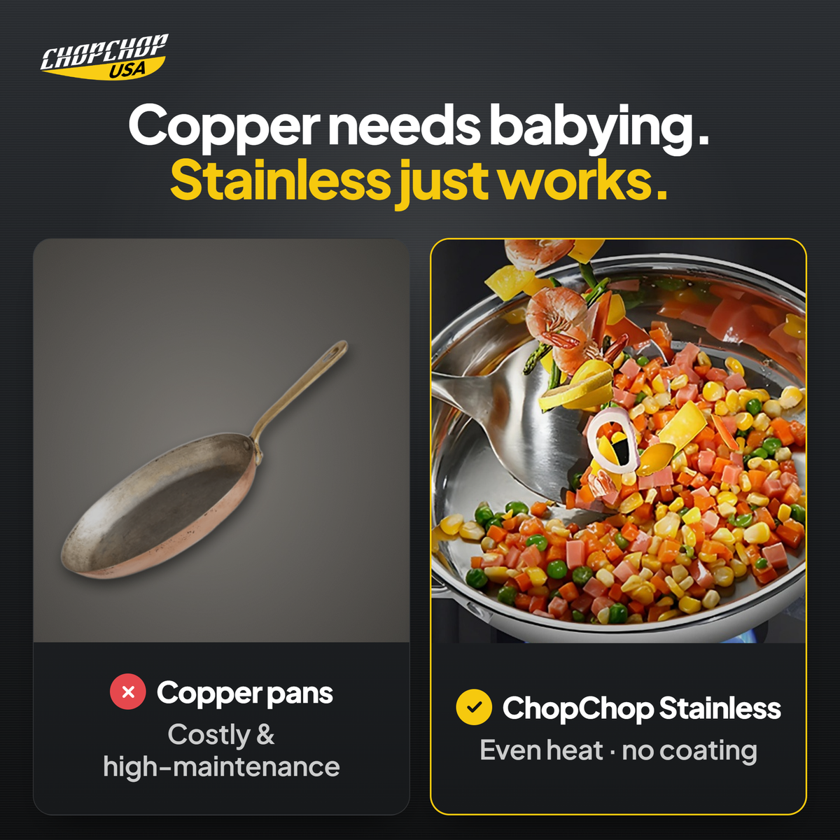 ChopChop stainless steel frying pan compared with ordinary alternatives: Copper needs babying. Stainless just works
