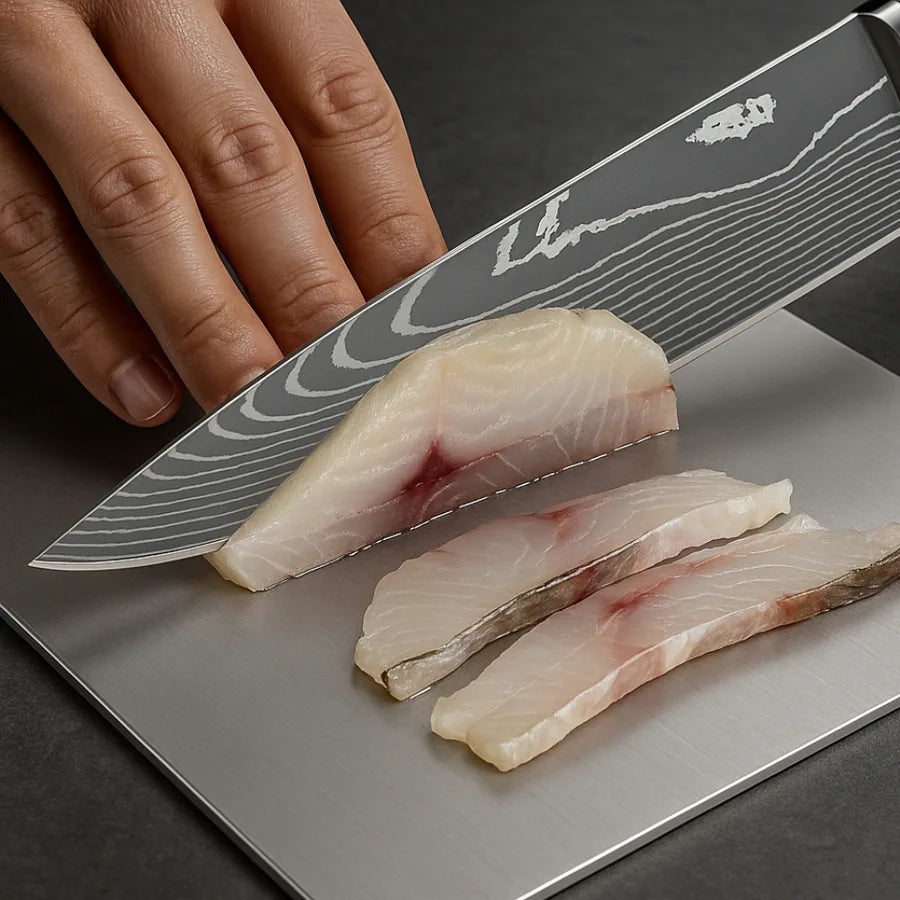 A thin, razor-sharp Kiritsuke edge gliding through fish fillets