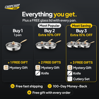 Everything you get with the ChopChop titanium deep pan: Buy 1, 2 or 3 bundles with free gifts