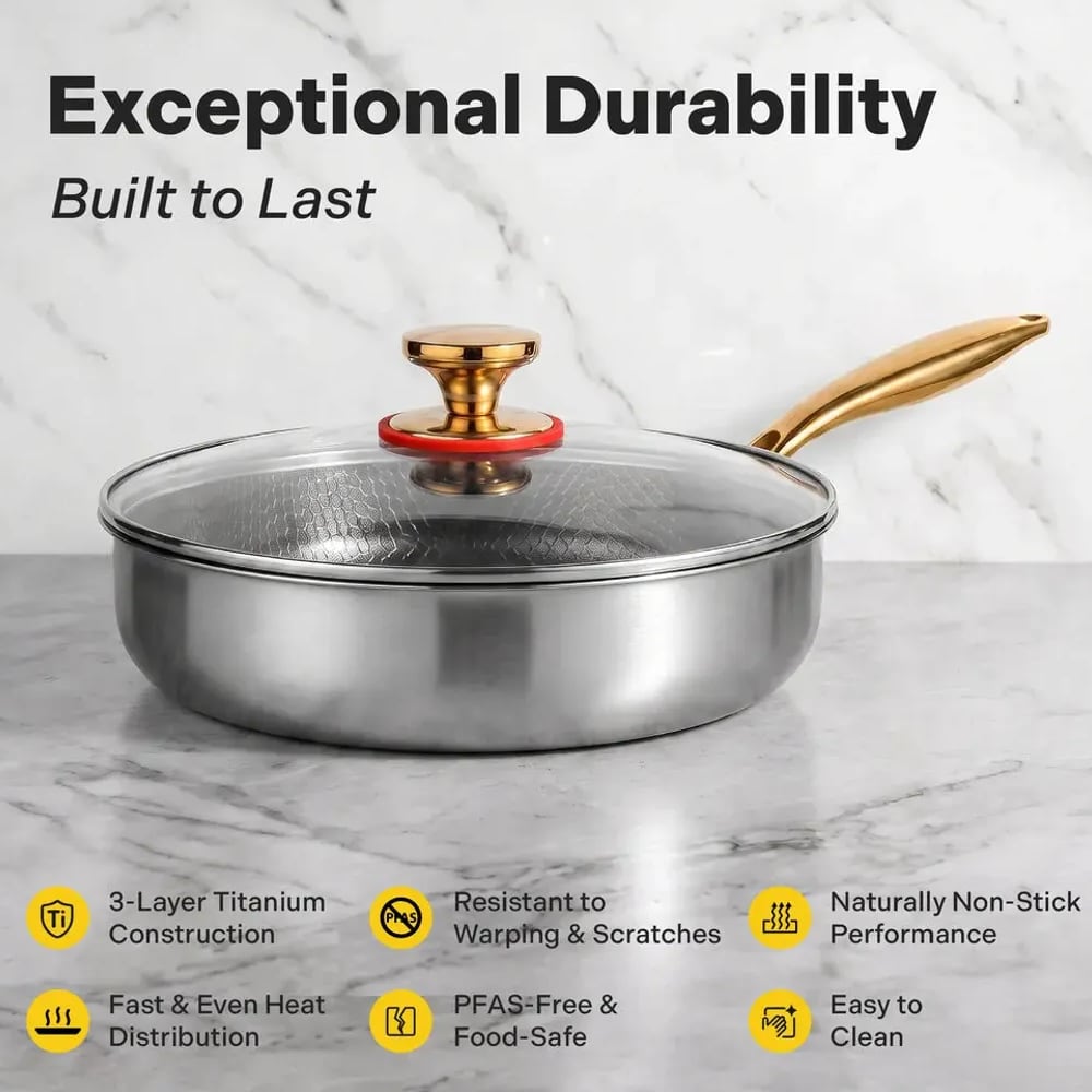 Titanium deep pan with glass lid, exceptional durability