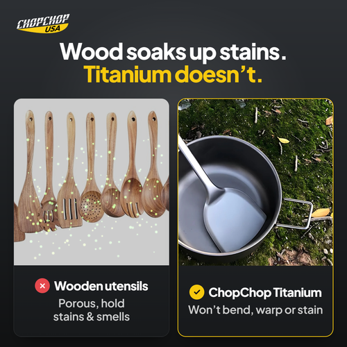 ChopChop titanium cooking utensils compared with ordinary alternatives: Wood soaks up stains. Titanium doesn’t