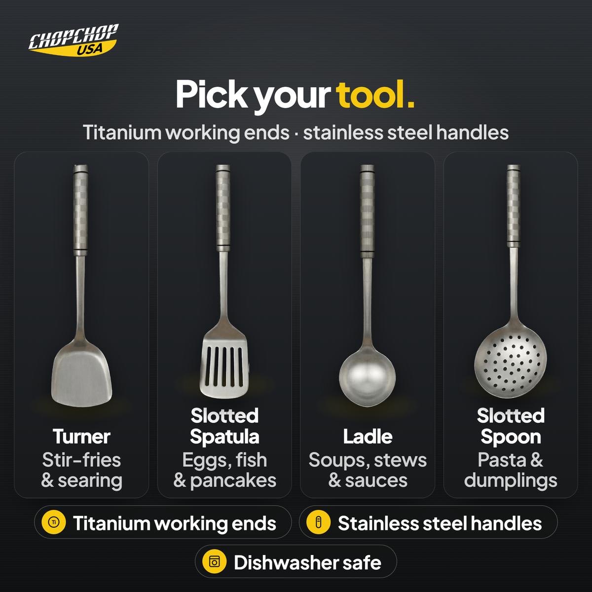 Pick your tool – ChopChop titanium cooking utensils options
