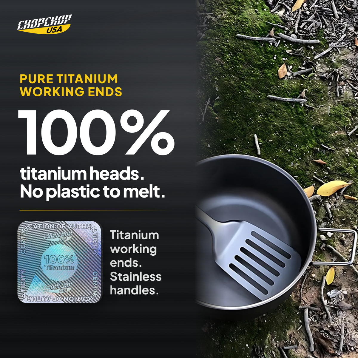 100% titanium heads, no plastic to melt – ChopChop titanium cooking utensils