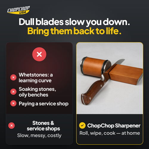 ChopChop rolling knife sharpener compared with ordinary alternatives: Dull blades slow you down. Bring them back to life