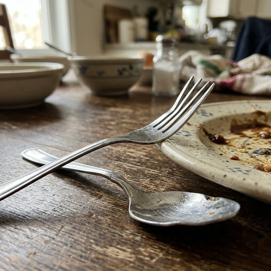 Cheap thin fork with bent tines and a bent spoon on a dinner table