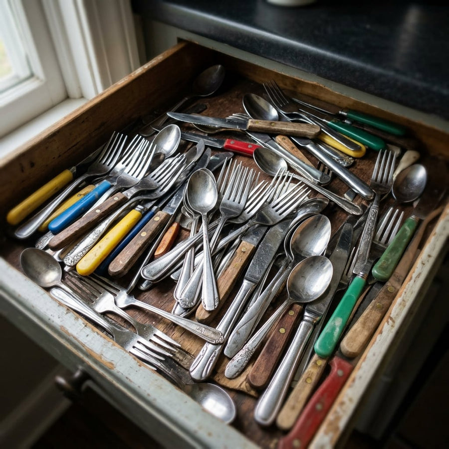 Kitchen drawer full of mismatched forks, spoons and knives