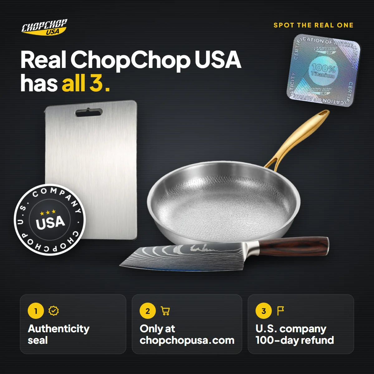 How to spot real ChopChop USA: authenticity seal, sold only at chopchopusa.com, U.S. company