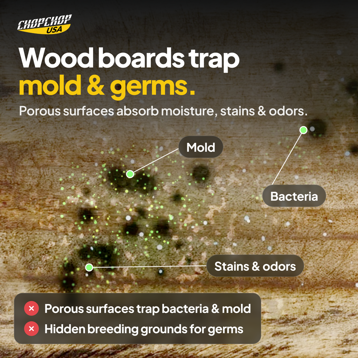 Wood boards trap mold & germs: the everyday problem the ChopChop stainless steel cutting board solves