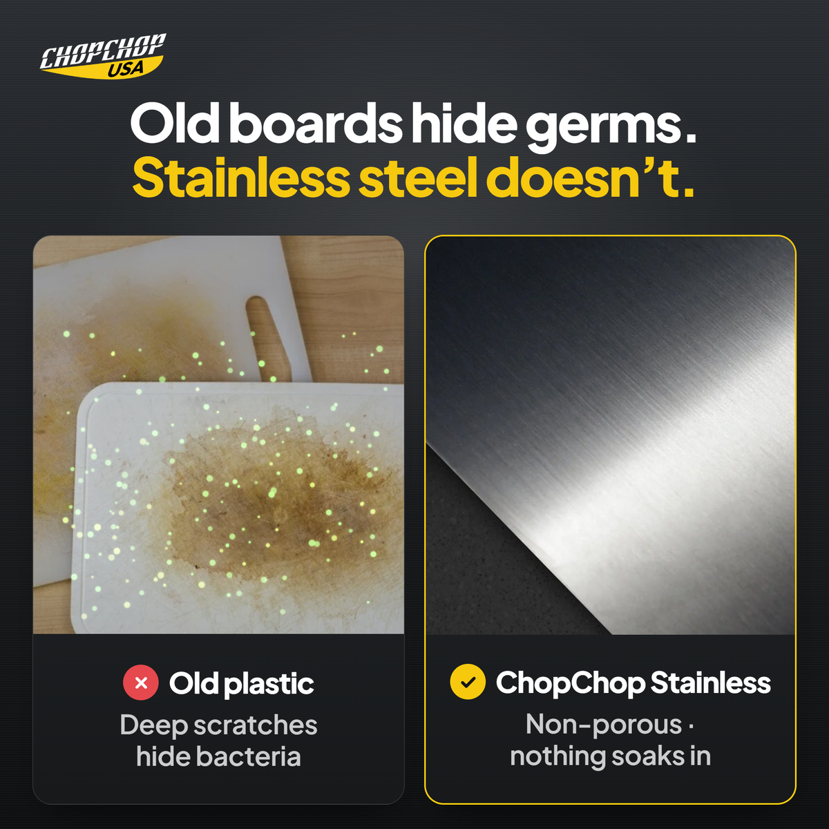 ChopChop stainless steel cutting board compared with ordinary alternatives: Old boards hide germs. Stainless steel doesn’t