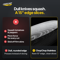 ChopChop stainless steel kitchen knife compared with ordinary alternatives: Dull knives squash. A 15° edge slices