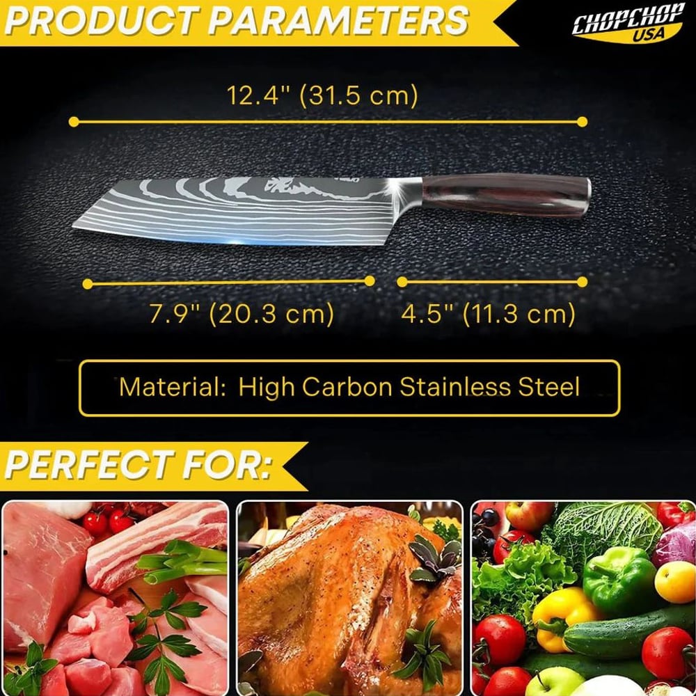 Japanese Kiritsuke knife parameters: 12.4 inch overall, 7.9 inch blade, 4.5 inch handle