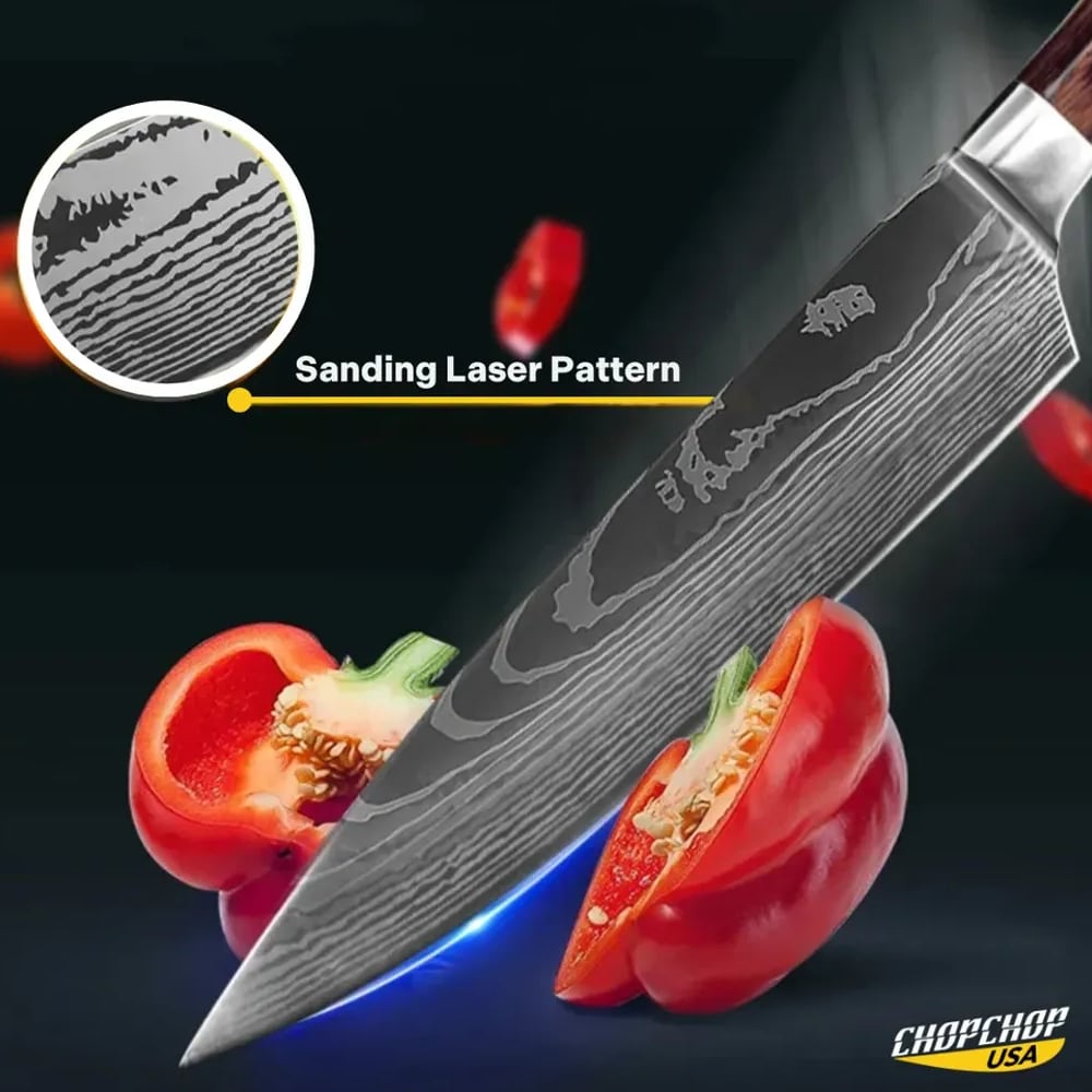 Laser Damascus-pattern blade cutting a red pepper