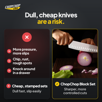 ChopChop stainless steel knife block set compared with ordinary alternatives: Dull, cheap knives are a risk