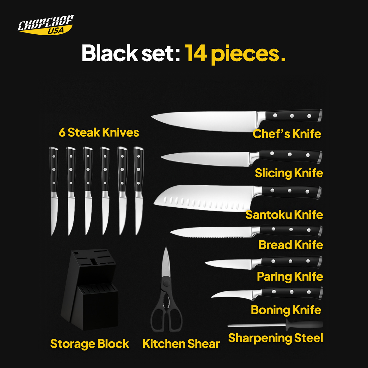 Black set: 14 pieces – ChopChop stainless steel knife block set