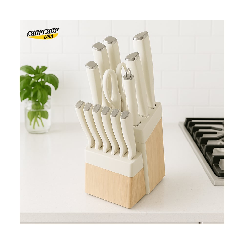 White-handled stainless steel knife block set in a wooden block
