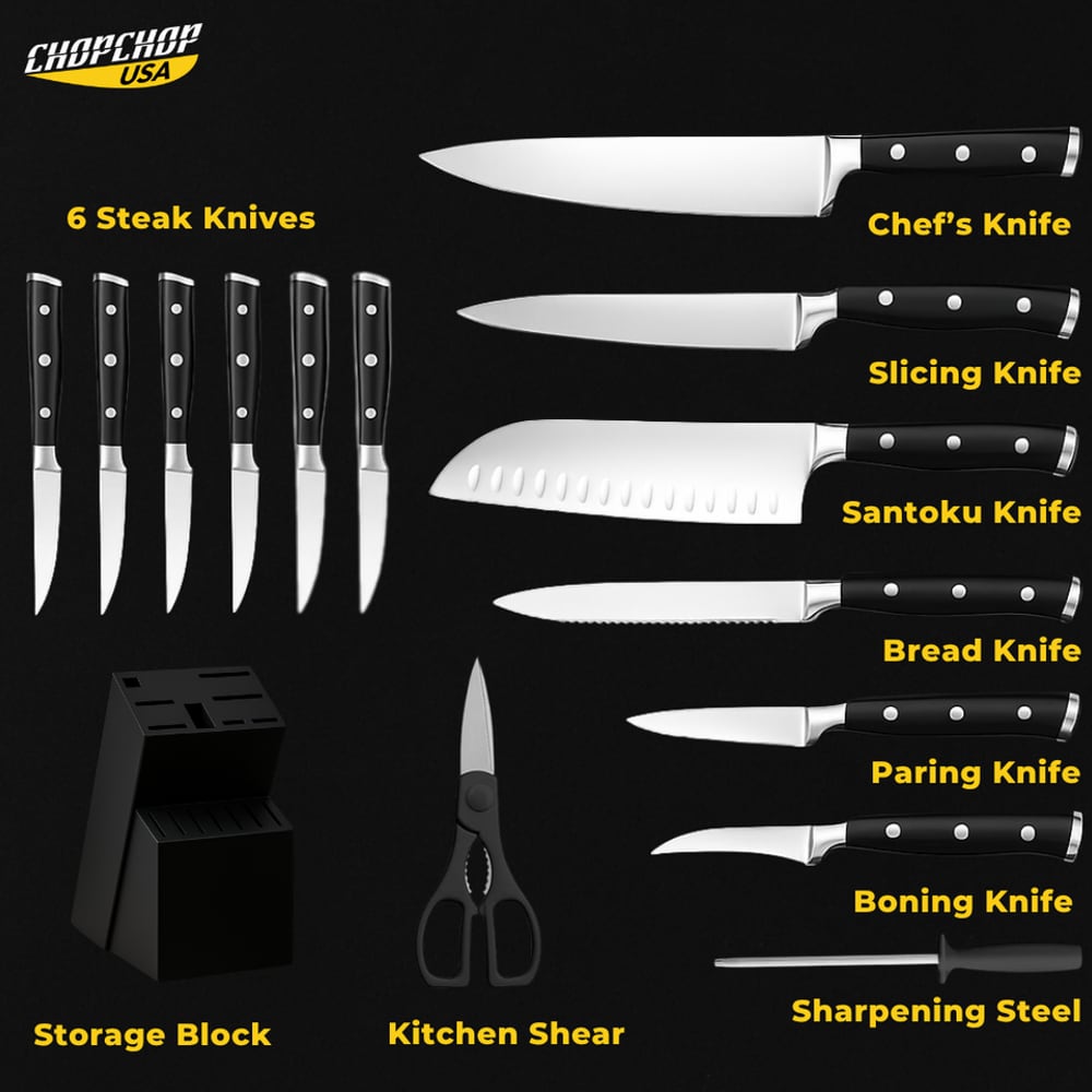 Black 14-piece knife block set contents