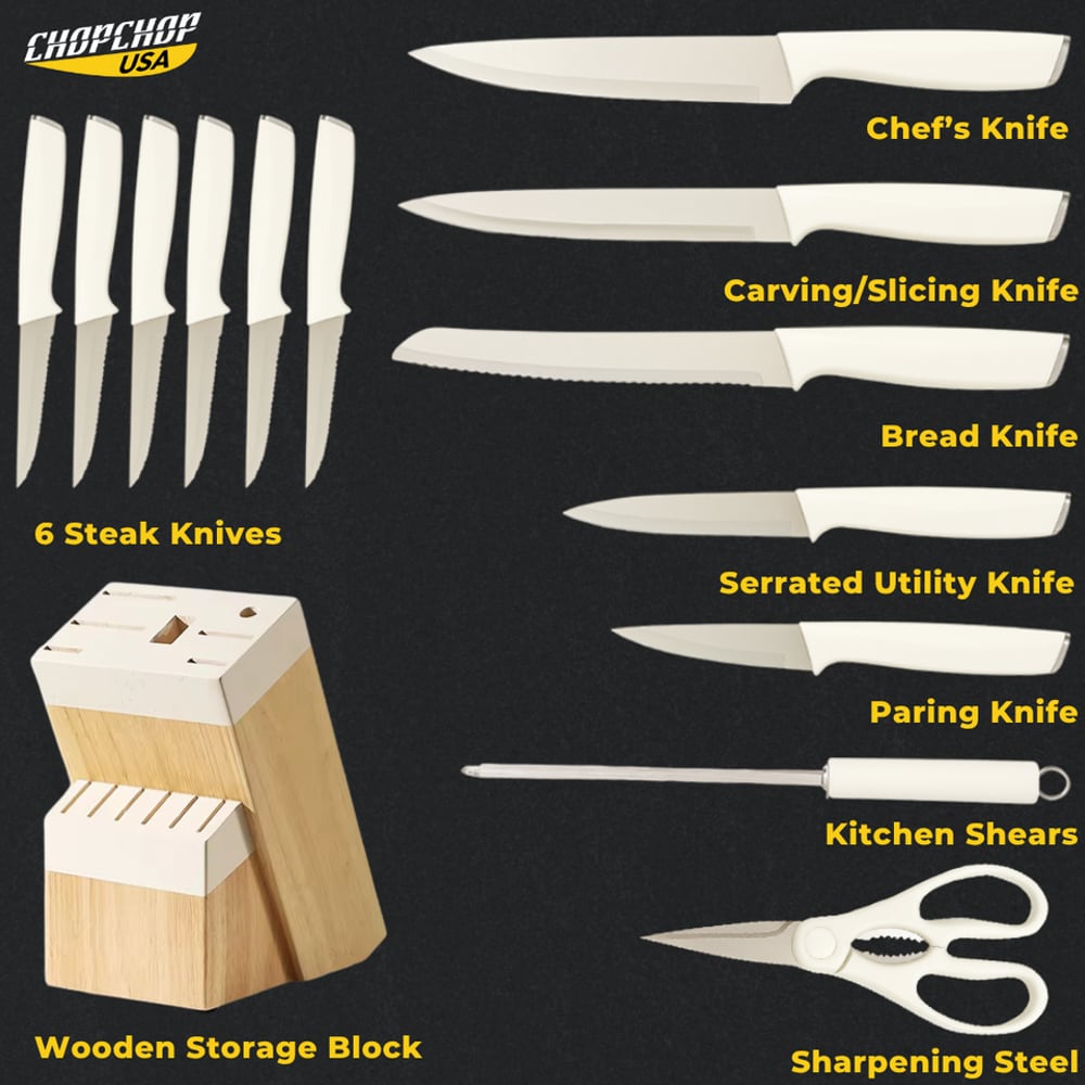 White 13-piece knife block set contents