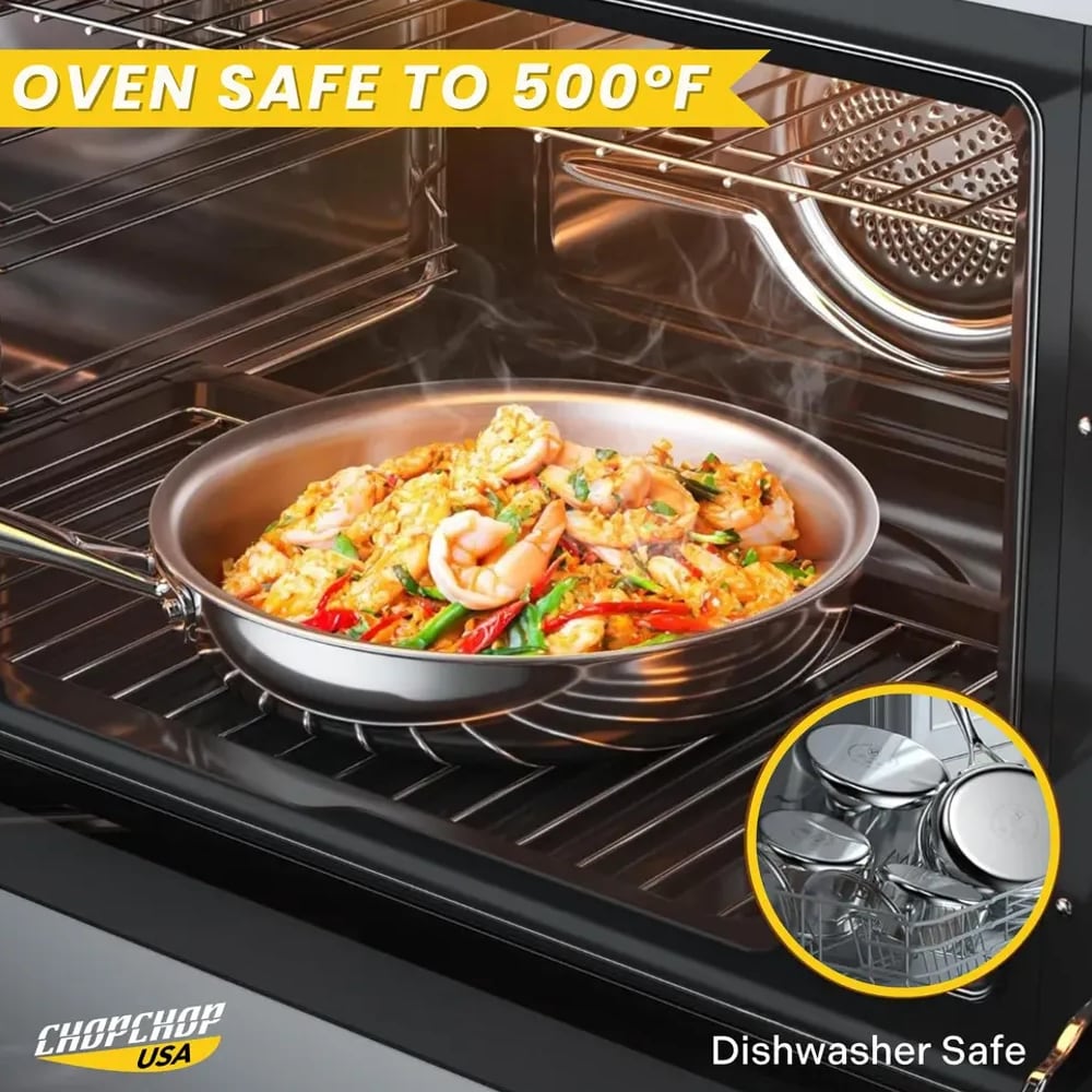 Seafood pasta in the stainless steel frying pan inside an oven