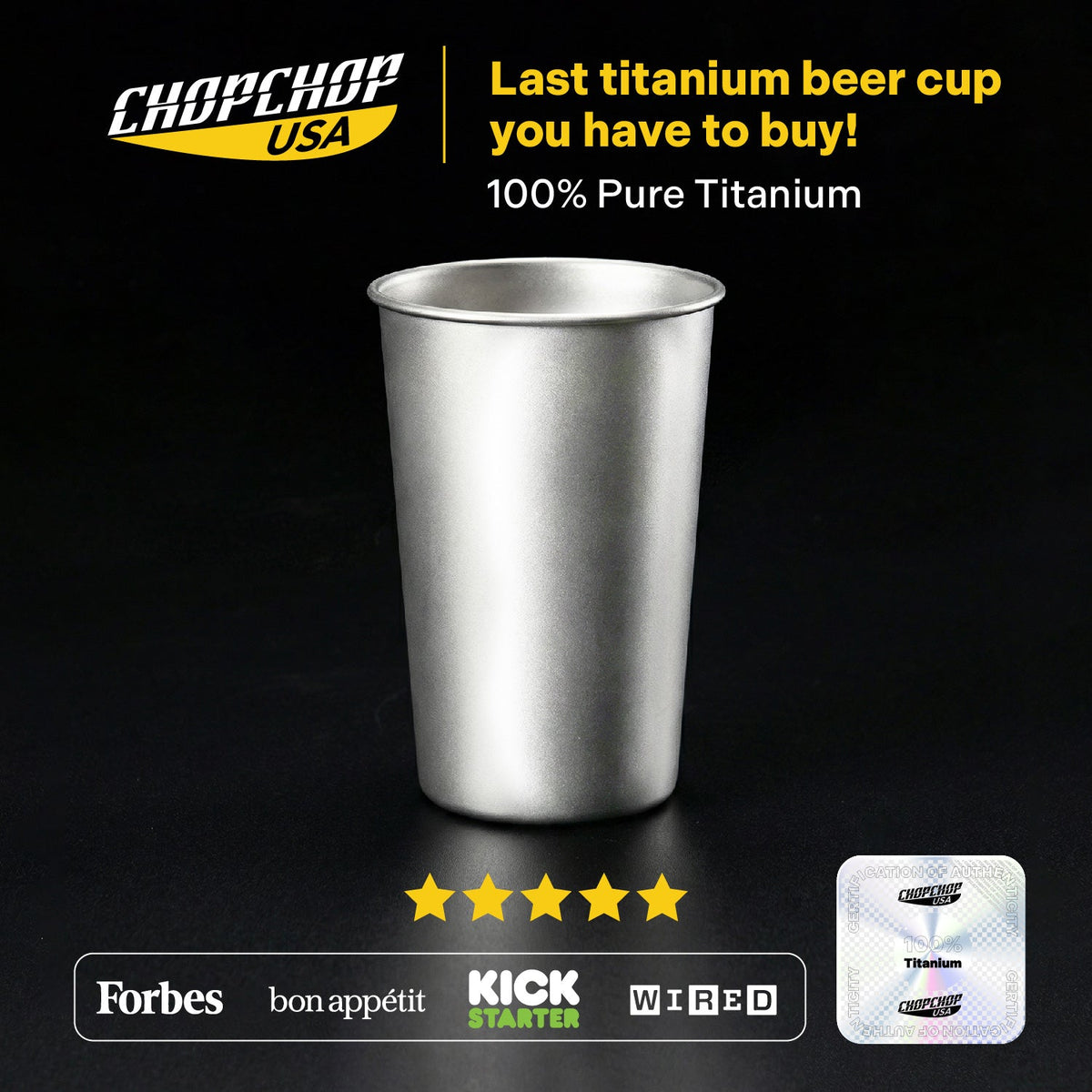 ChopChop USA 100% pure titanium beer cup on a dark background