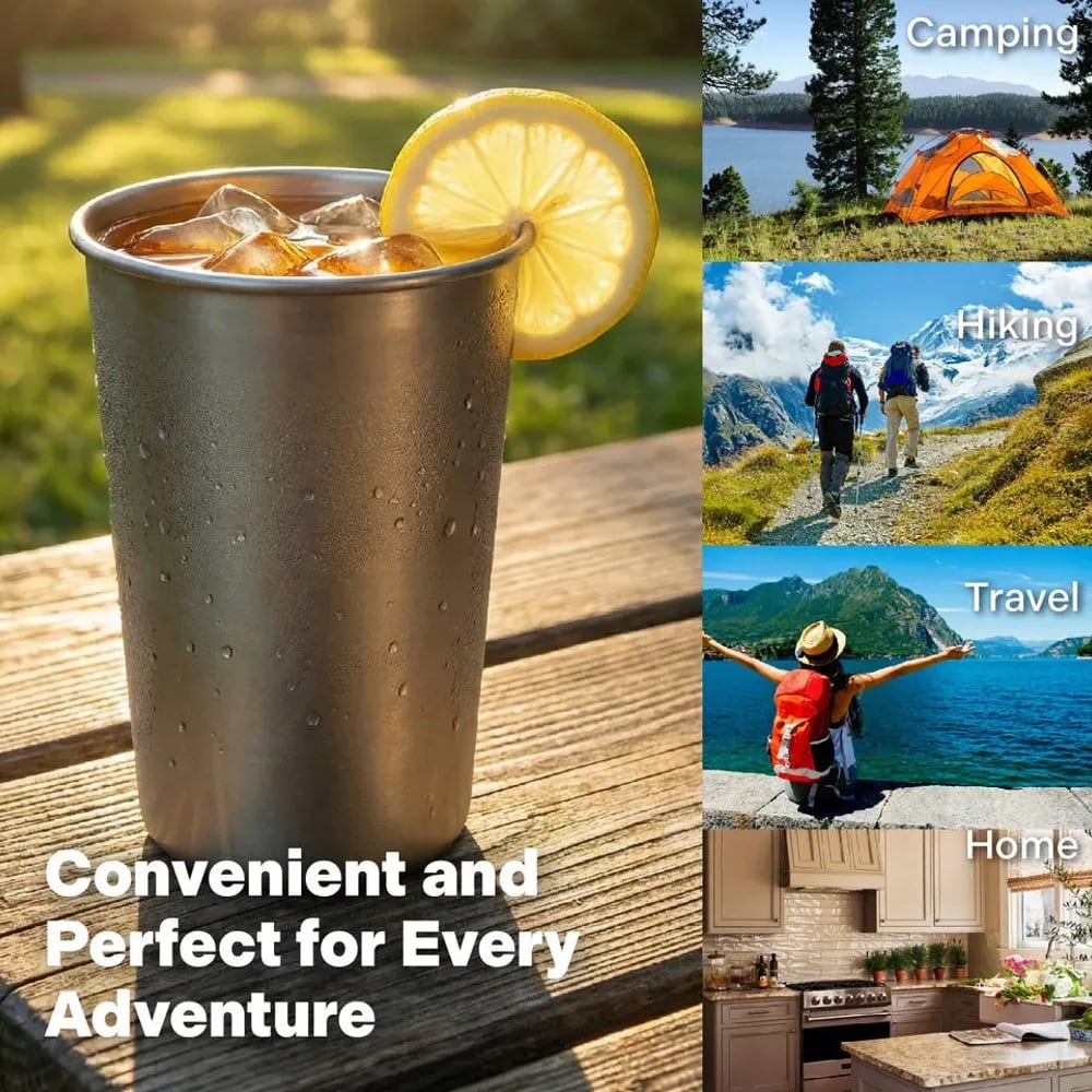 Titanium beer cup with iced drink outdoors for camping and travel