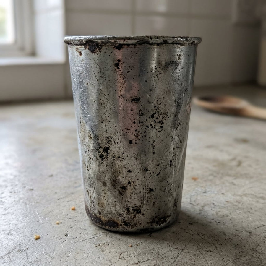 Low-grade metal drinking cup with rust spots and scratches