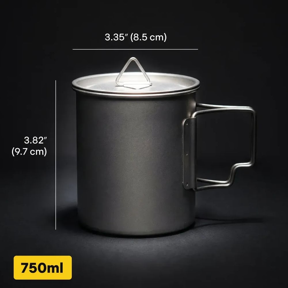 750 ml titanium camping cup with lid and folding handle, dimensions shown