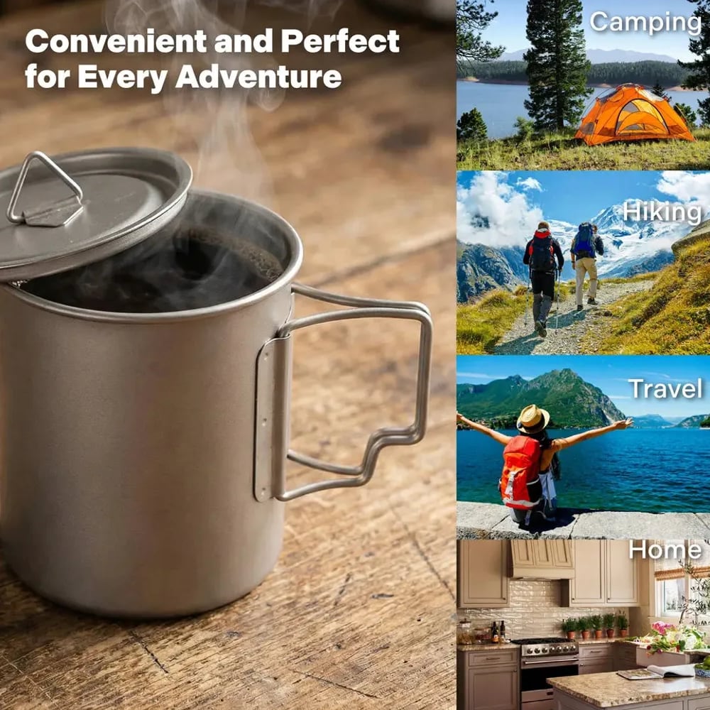 Titanium camping cup with a hot drink for camping, hiking and travel
